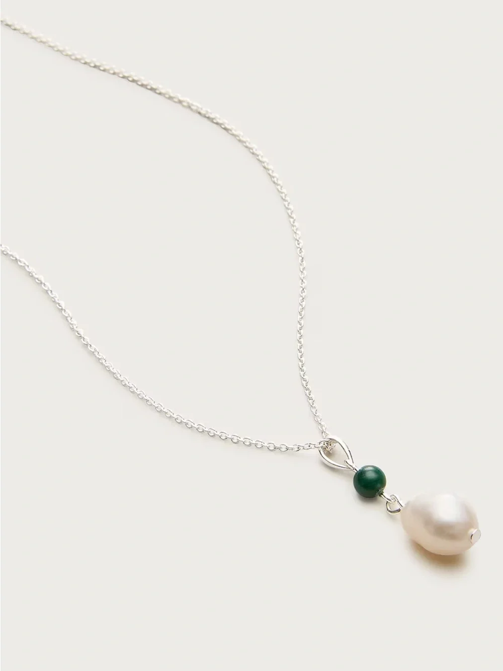Sterling Silver Pearl Drop Necklace with Green Accent